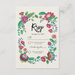 Cartão RSVP Flores de Folhas de Stripe Azul Boho | Casamento D