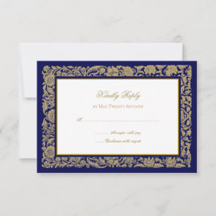 Cartão RSVP Flores de Ouro Elegantes e Casamento Azul Escuro