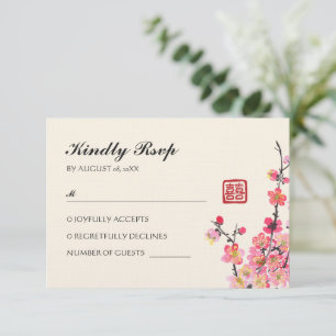 Cartão RSVP flores de pintura a tinta chinesa casamento