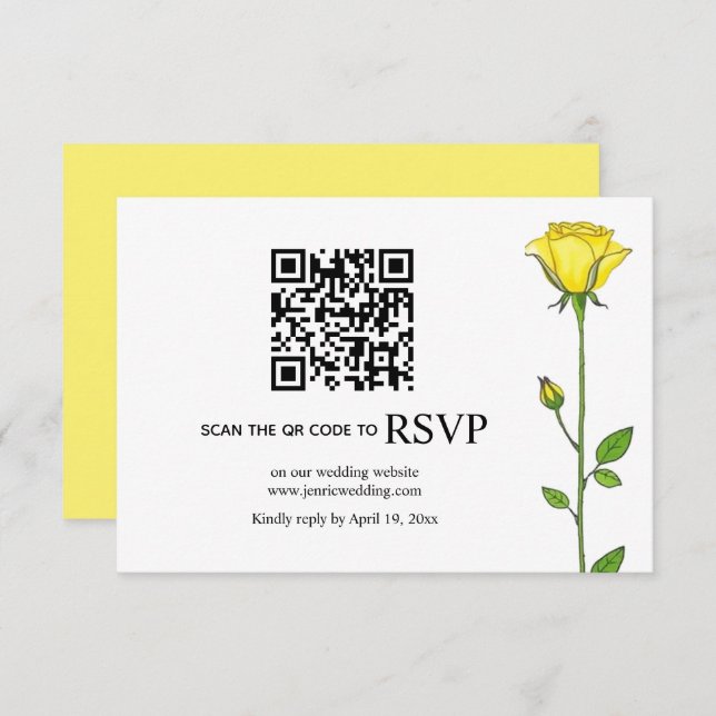 Cartão RSVP Flores de rosa amarela Código QR casamento floral (Frente/Verso)