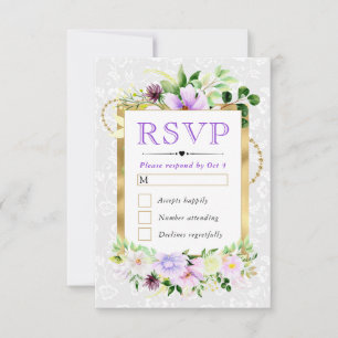 Cartão RSVP Flores de Verão em Aquarela Roxo e Creme Casamento