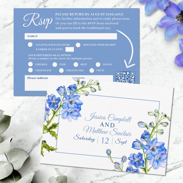 Cartão RSVP Flores delfinas azul aquarela casamento código QR (Criador carregado)