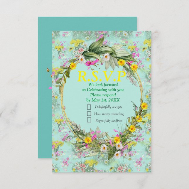 Cartão RSVP Flores do Campo de Prados Retro (Frente/Verso)