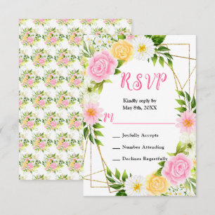 Cartão RSVP Flores e Folhagens Cor-de-Rosa e Amarelas de Verão