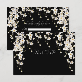 Cartão RSVP Flores Elegantes em Aquarela Preta e Branca
