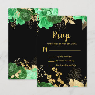 Cartão RSVP Flores Elegantes em Verde e Dourado Sweet Sixteen