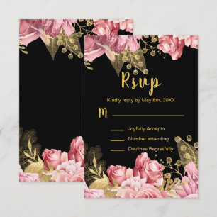 Cartão RSVP Flores Elegantes Rosa e Dourado Sweet Sixteen