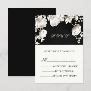 Cartão RSVP Flores Esculturais em Preto e Branco Rosas Silvest