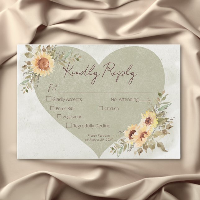 Cartão RSVP Flores Luminosas Moles Boho Heart Wedt Três Janto (Soft Sunflowers Boho Heart Wedding Three Dinner RSVP Card)