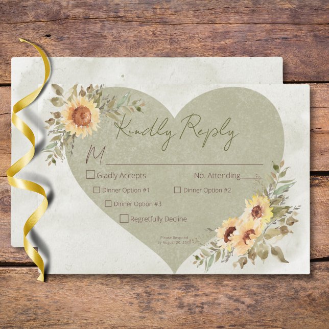 Cartão RSVP Flores Luminosas Moles Boho Heart Wedt Três Janto (Soft Sunflowers Boho Heart Wedding Three Dinner RSVP Card)