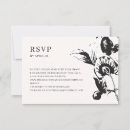 Cartão RSVP Flores negras e brancas Código QR casamento online