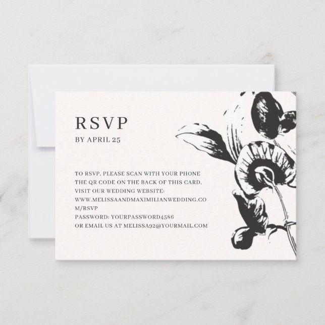 Cartão RSVP Flores negras e brancas Código QR casamento online (Frente)
