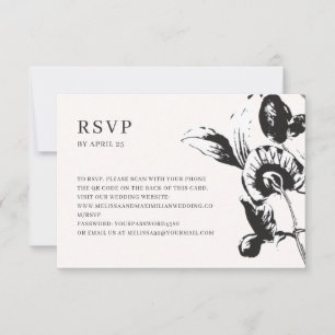 Cartão RSVP Flores negras e brancas Código QR casamento online