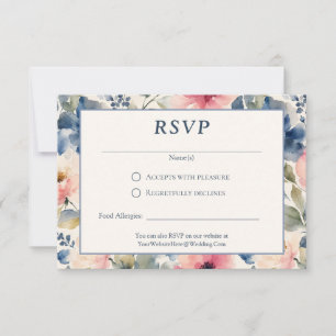Cartão RSVP Flores Pintadas com Aquarela Rosa Azul Verde Casam