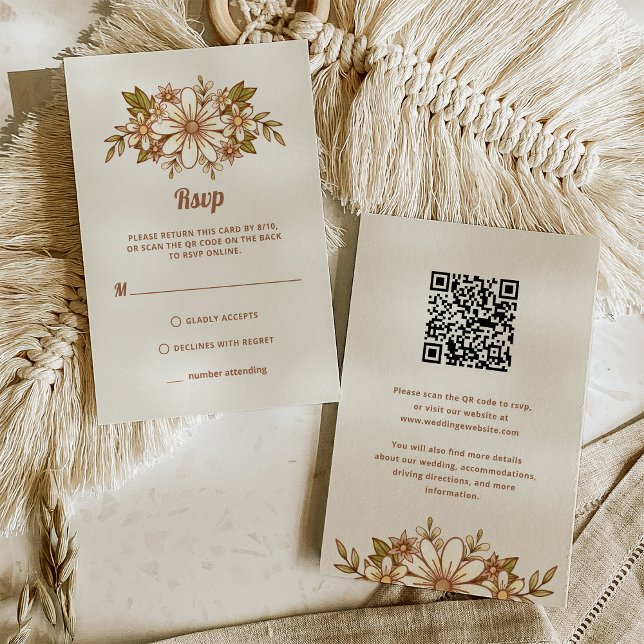 Cartão RSVP Flores Retro | Código QR Combo e Tradicional (A trendy, neutral wedding rsvp card with retro flowers)