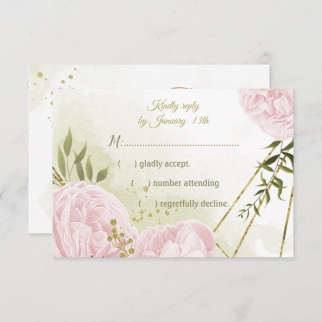 Cartão RSVP Flores rosa bonito folhas verdes botânicas (Frente/Verso)