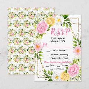 Cartão RSVP Flores Rosa e Amarelo com Folhagem Casamento