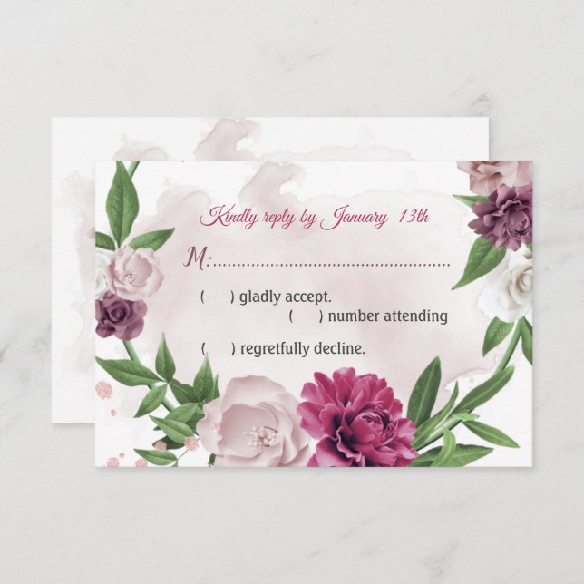 Cartão RSVP flores rosa-mauve botânica (Frente/Verso)