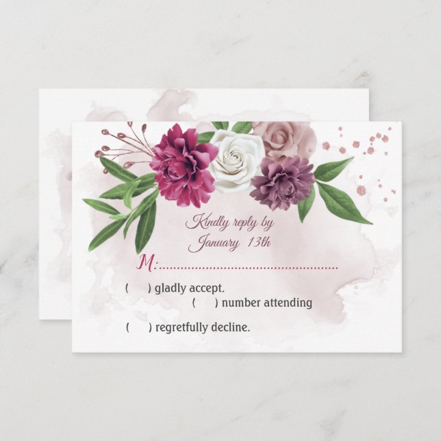 Cartão RSVP flores rosa-mauve botânica (Frente/Verso)