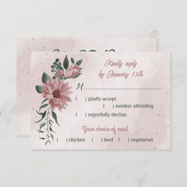 Cartão RSVP flores rosadas românticas, flores verdes, escolha  (Frente/Verso)