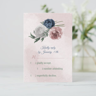 Cartão RSVP flores rosas, brancas e azuis marinhos