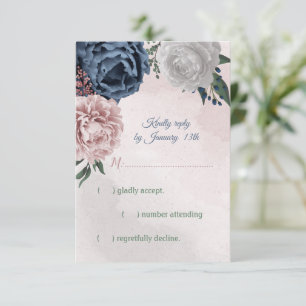 Cartão RSVP flores rosas, brancas e azuis marinhos