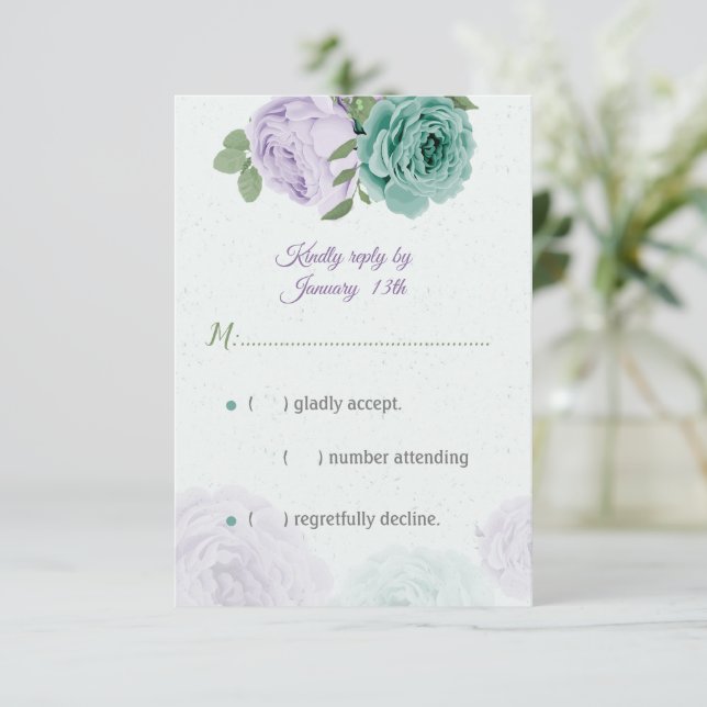 Cartão RSVP flores roxas azuis verdes botânicas (Em pé/Frente)