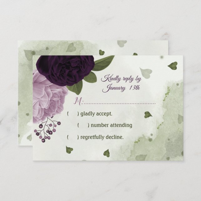 Cartão RSVP Flores roxas bonito e leves verde-verde (Frente/Verso)