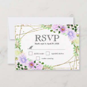 Cartão RSVP Flores Roxas e Creme em Aquarela Casamento