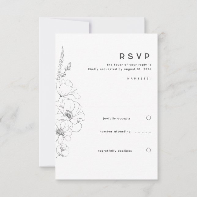 Cartão RSVP Flores Selvagens Desenhando Casamento Mínimo Elega (Frente)
