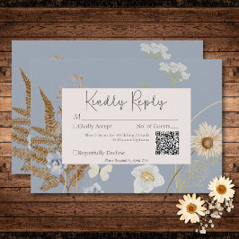 Cartão RSVP Flores selvagens no Código QR de Casamento Azul Du