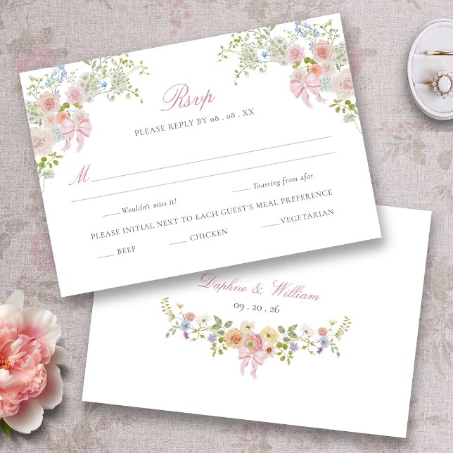 Cartão RSVP Flores Silvestres com Laços Rosa (Monogrammed Bows and Wildflowers Victorian Wedding RSVP Card
)