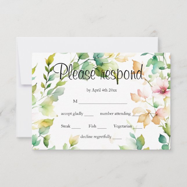 Cartão RSVP Flores silvestres de cor aquosa verde-elegante (Frente)