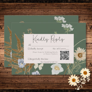 Cartão RSVP Flores Silvestres em Código QR de Casamento Verde 