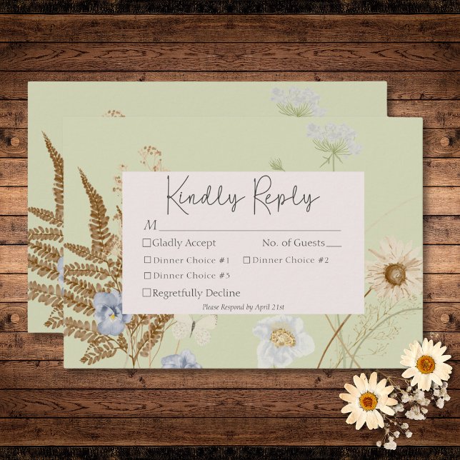 Cartão RSVP Flores silvestres no Janto Light Sage Wedding Thre (Wildflowers on Light Sage Wedding Three Dinner RSVP Card)