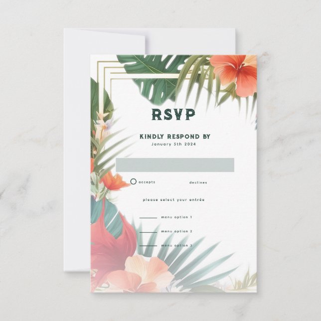 Cartão RSVP Flores Tropicais Aquarela Casamento Destino  (Frente)