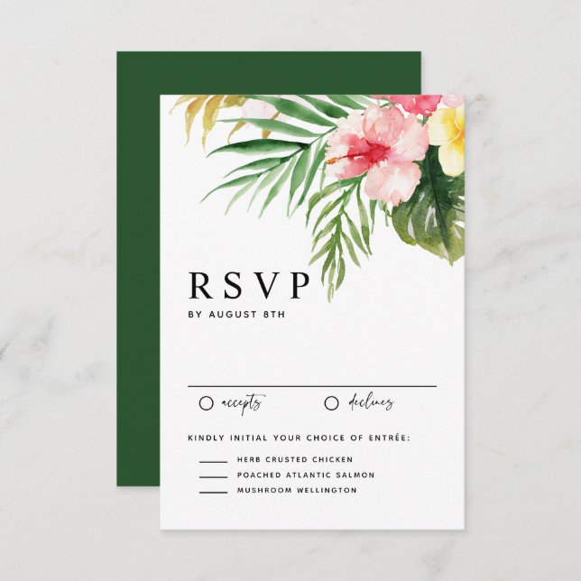 Cartão RSVP Flores Tropicais de Aquarela e Casamento Verde (Frente/Verso)
