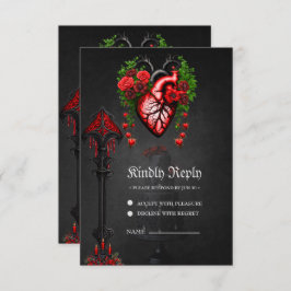Cartão RSVP Flores vermelhas do coração gótico.