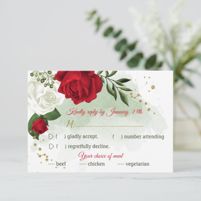 Cartão RSVP flores vermelhas e brancas, escolha de refeição ve (Em pé/Frente)