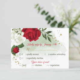 Cartão RSVP flores vermelhas e brancas, escolha de refeição ve