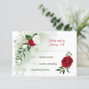 Cartão RSVP flores vermelhas e brancas verdes