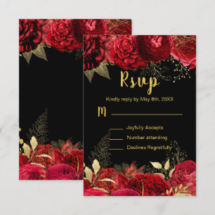 Cartão RSVP Flores Vermelhas e Douradas Elegantes Sweet Sixtee