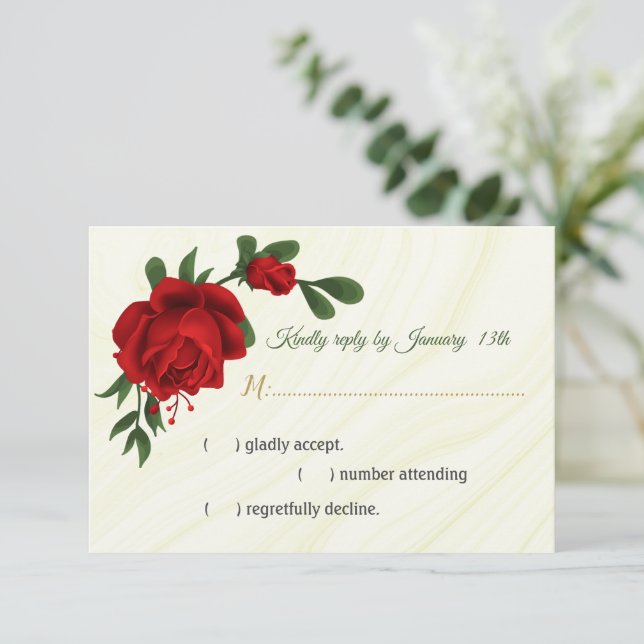 Cartão RSVP flores vermelhas folhas verdes (Em pé/Frente)
