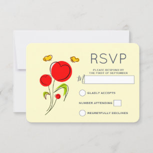 Cartão RSVP Flores Vermelhas Lindas com Corações e Borboletas 