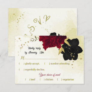 Cartão RSVP flores vermelhas pretas folhas de ouro