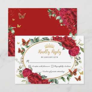 Cartão RSVP Flores Vermelhos Borboletas Quinceañera