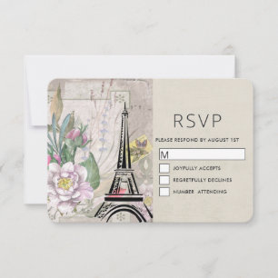 Cartão RSVP Flores Vintage, Torre Eiffel e Casamento Burlap