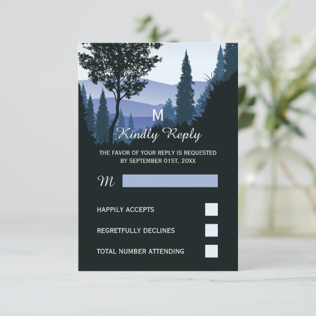 Cartão RSVP Floresta de Madeira Azul, Casamento Russo (Em pé/Frente)