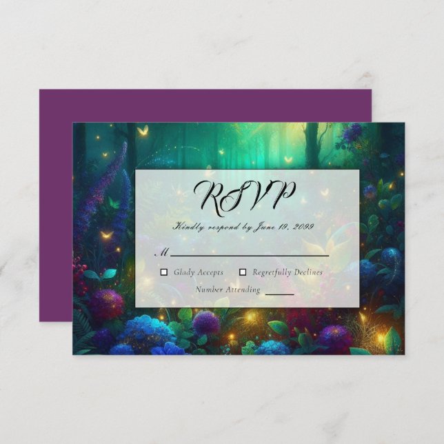 Cartão RSVP Floresta Encantada de Casamento de Joias Radiantes (Frente/Verso)