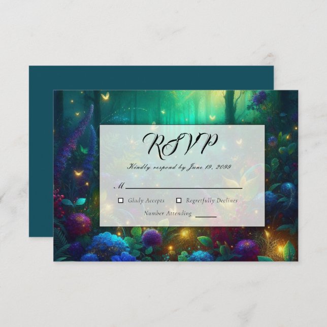 Cartão RSVP Floresta Encantada de Casamento de Joias Radiantes (Frente/Verso)